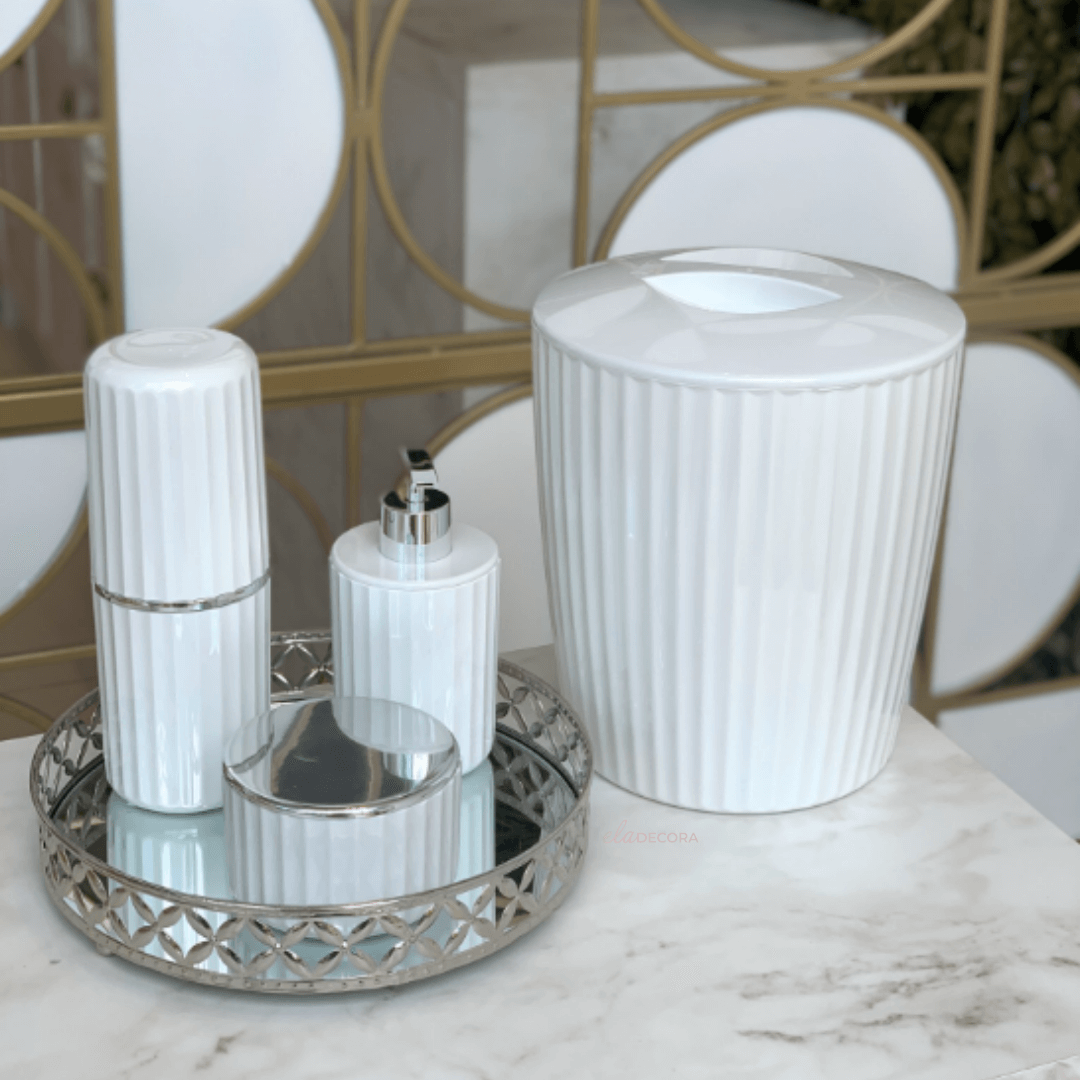 Kit para Banheiro Groove com Lixeira Branco - 4 Peças - Ela Decora