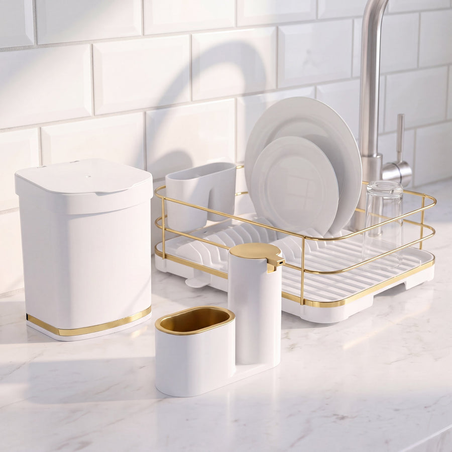 Kit Pia Organizada Branco e Dourado 3 Peças