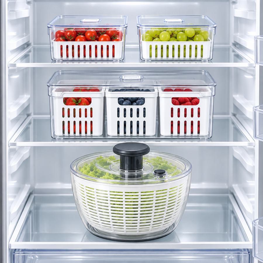 Kit Salada Pronta 4 Peças: Lava e Seca Saladas, cesto triplo com frutas vermelhas e 2 potes com cesto com tomates e uvas na geladeira