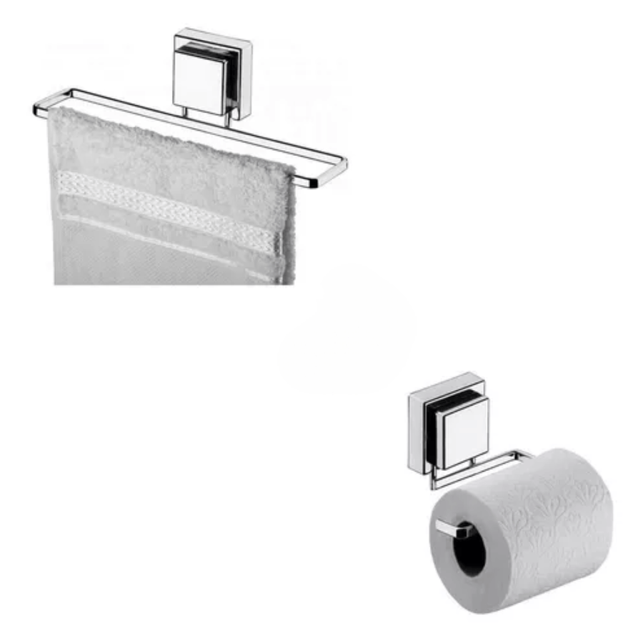 Kit Toalheiro e Porta Papel Higiênico com Ventosa Cromado - 2 Peças - Ela Decora