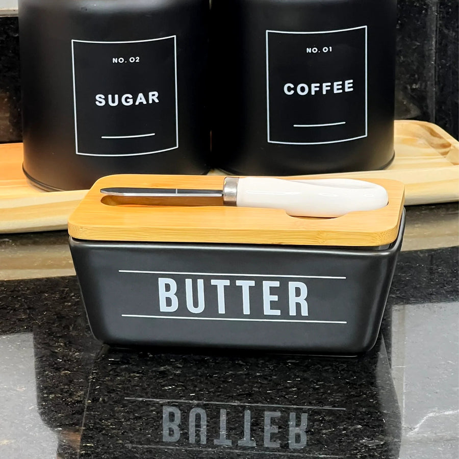 Kit Xícaras e Manteigueira Manhattan Preto 7 peças - Ela Decora
