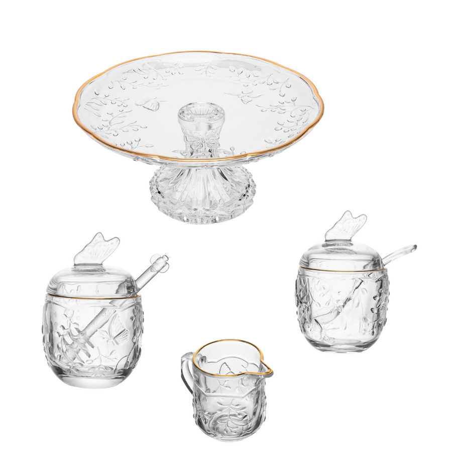 Kit 4 pecas de vidro transparente com fio de ouro boloeira pote e leiteira