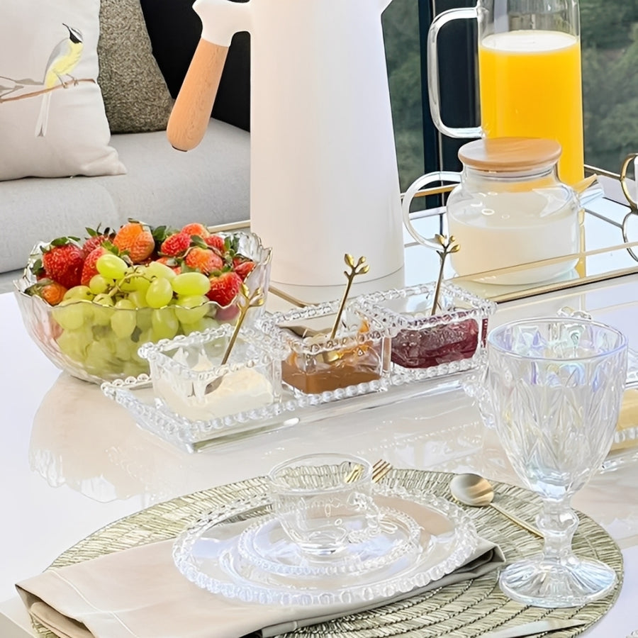 Mesa posta com kit bowl quadrado coração travessa e fruteira de vidro