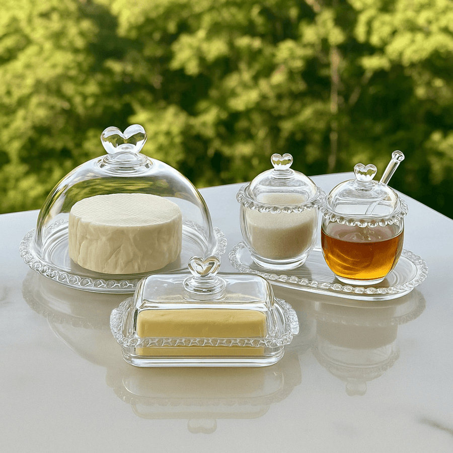 Kit de cristal com queijeira campana manteigueira e potinhos sobre mesa branca