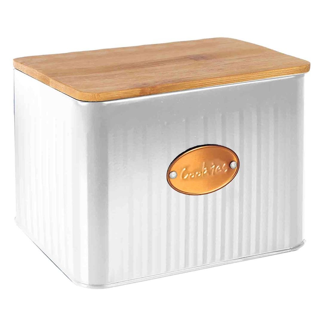 Lata Porta Biscoitos de Ferro Branca com Tampa de Madeira 8cm - Ela Decora