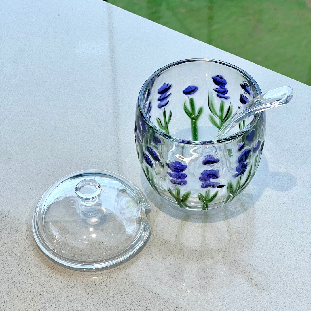 Açucareiro de Cristal com Colher e Tampa Lavanda 8,5cm