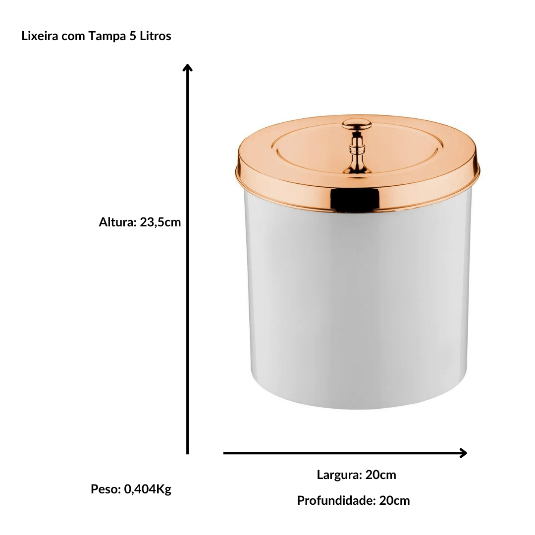 Lixeira Branca com Tampa Rose Gold 5 Litros - Ela Decora