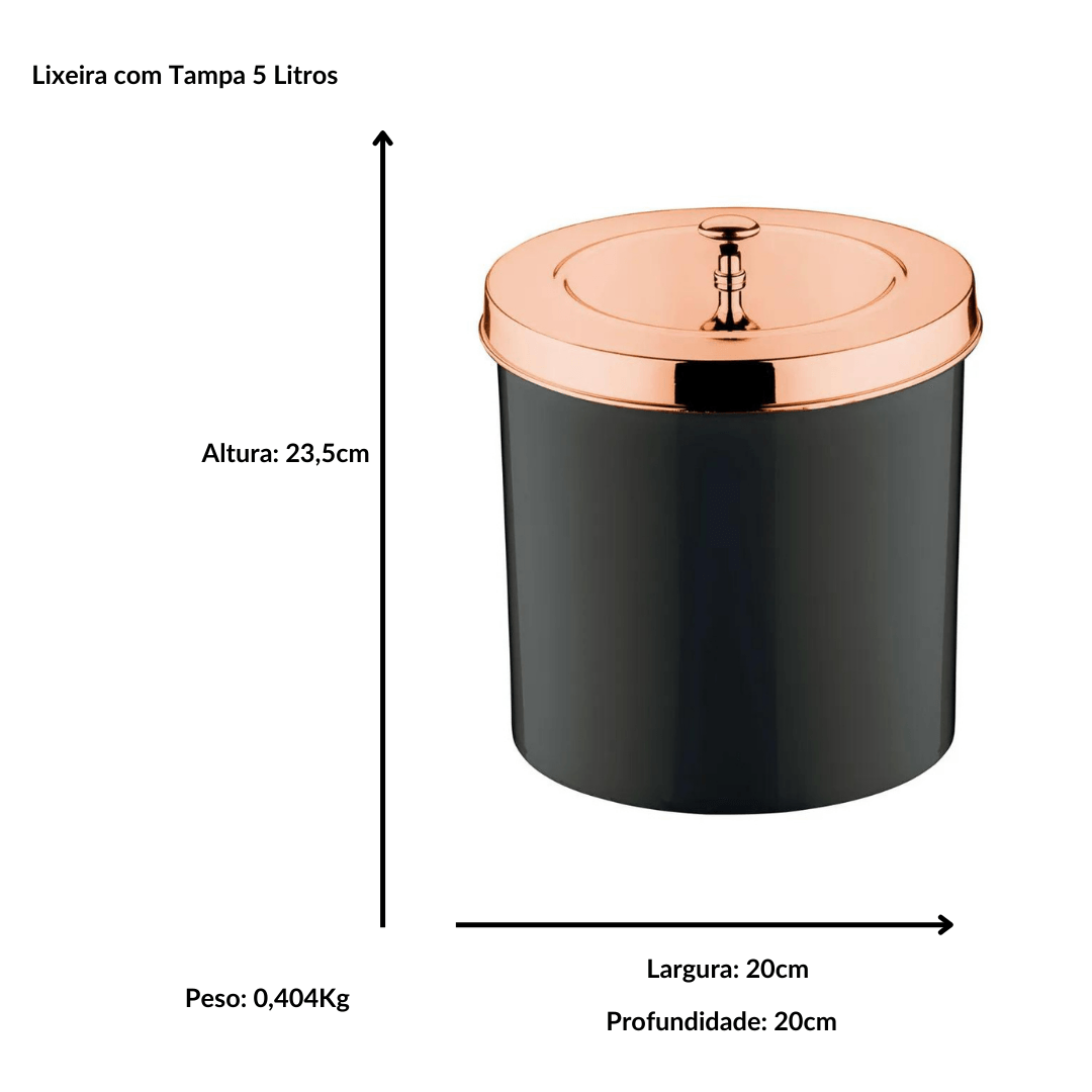 Lixeira Preta com Tampa Rose Gold 5 Litros - Ela Decora