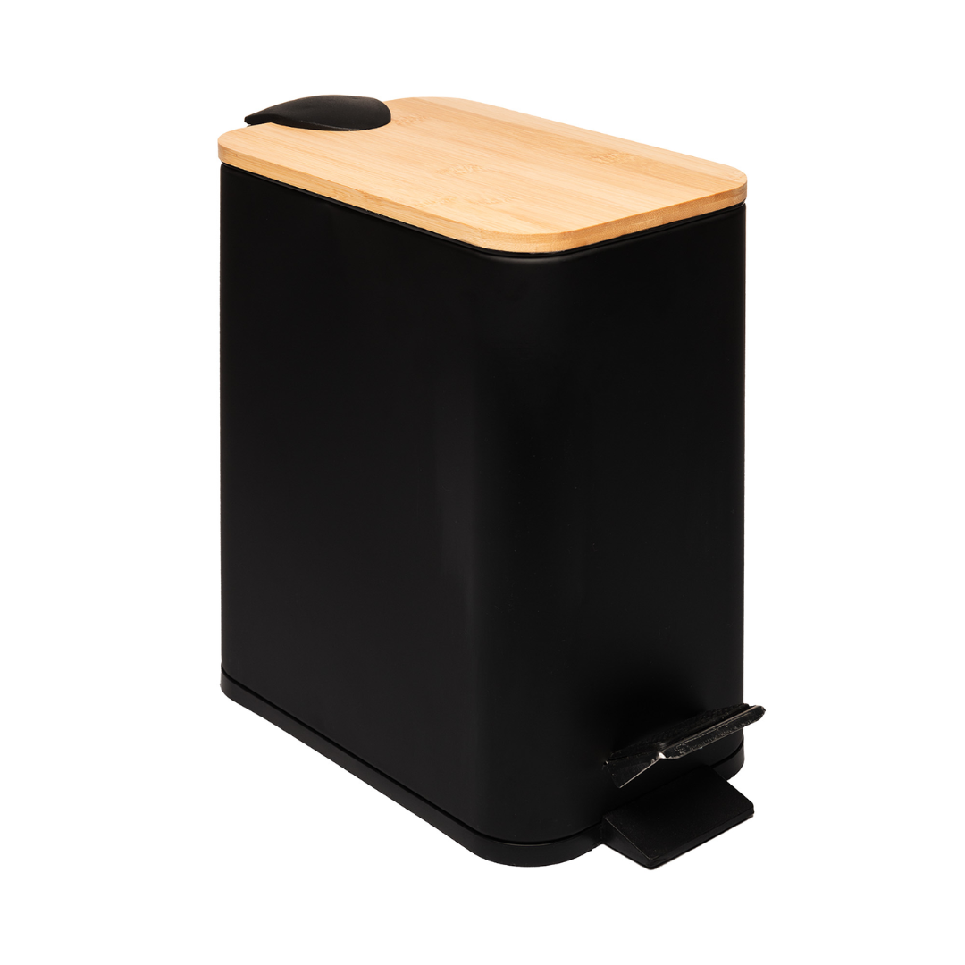 Lixeira Quadrada com Pedal de Metal e Tampa de Bambu Preta 5 L