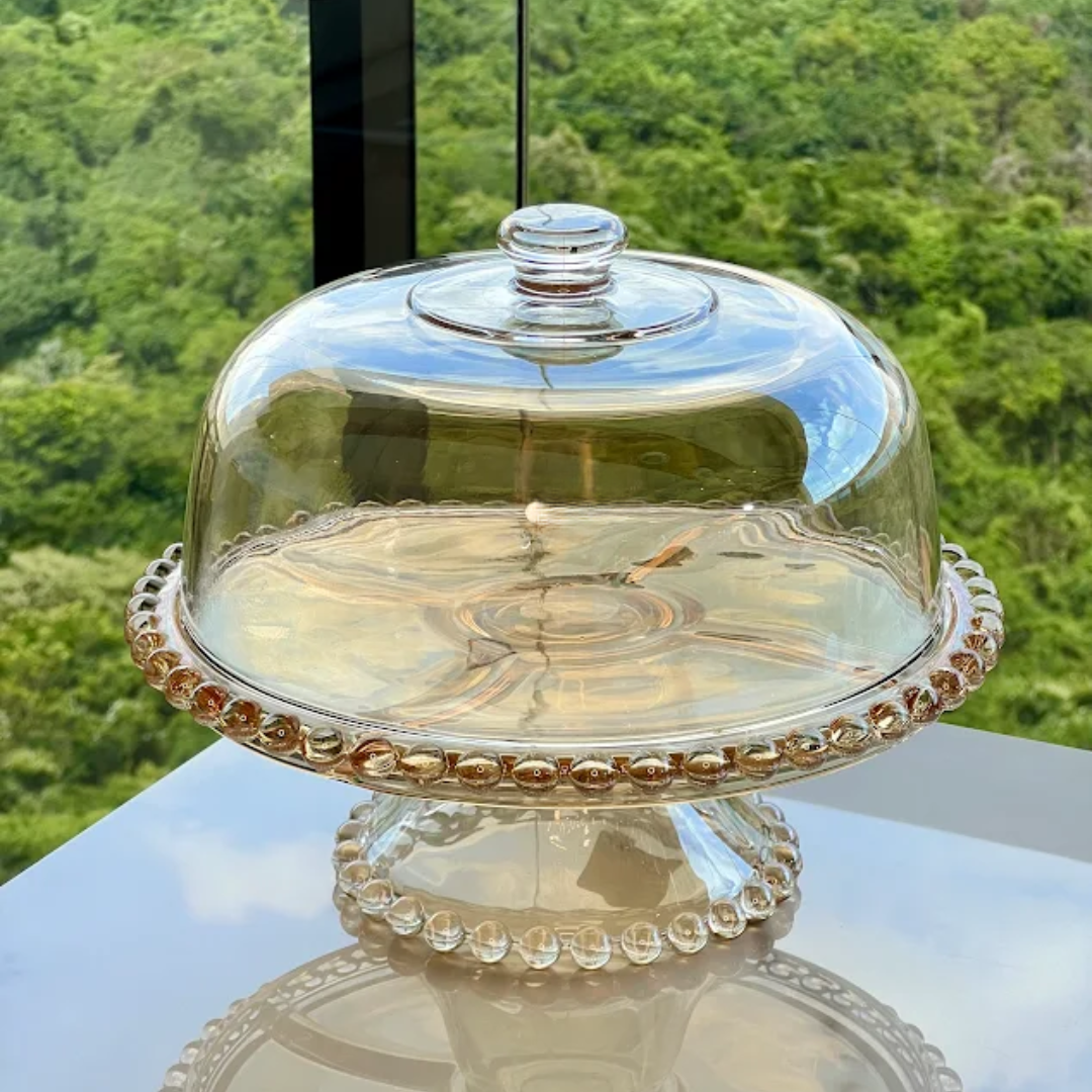 Boleira Prato para Bolo Petisqueira Pearl de Cristal com Pé e Tampa Âmbar 31cm x 25cm