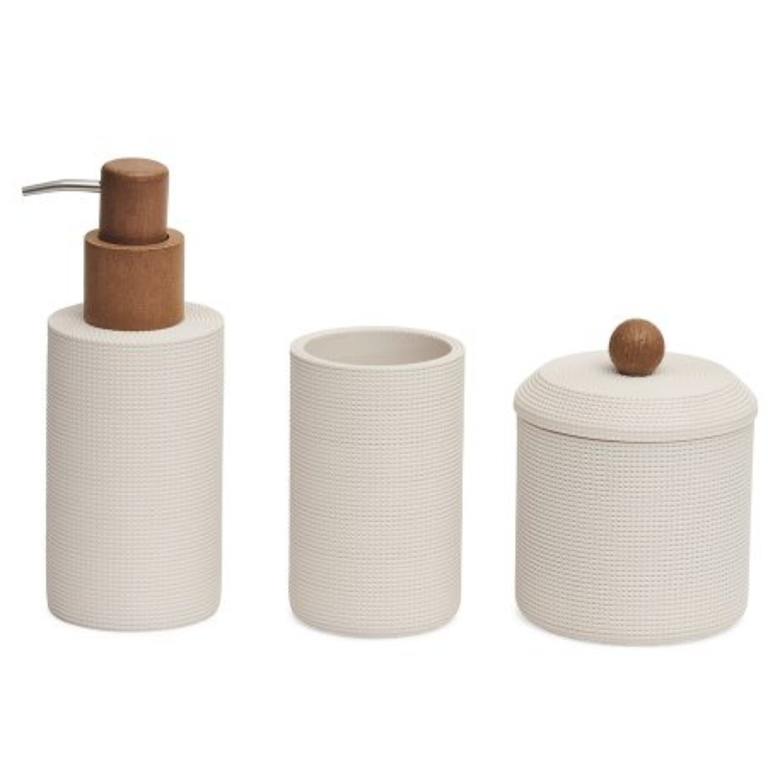 Kit para Banheiro Polirresina Bege com Detalhes em Madeira 3 Peças