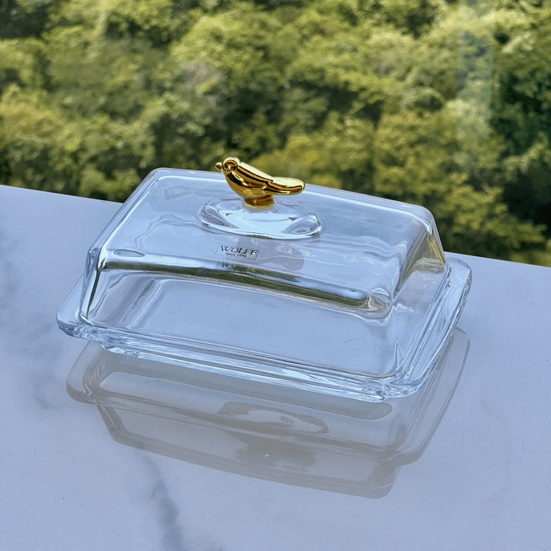Manteigueira com Tampa de Cristal Ecológico Golden Bird 18cm - Ela Decora