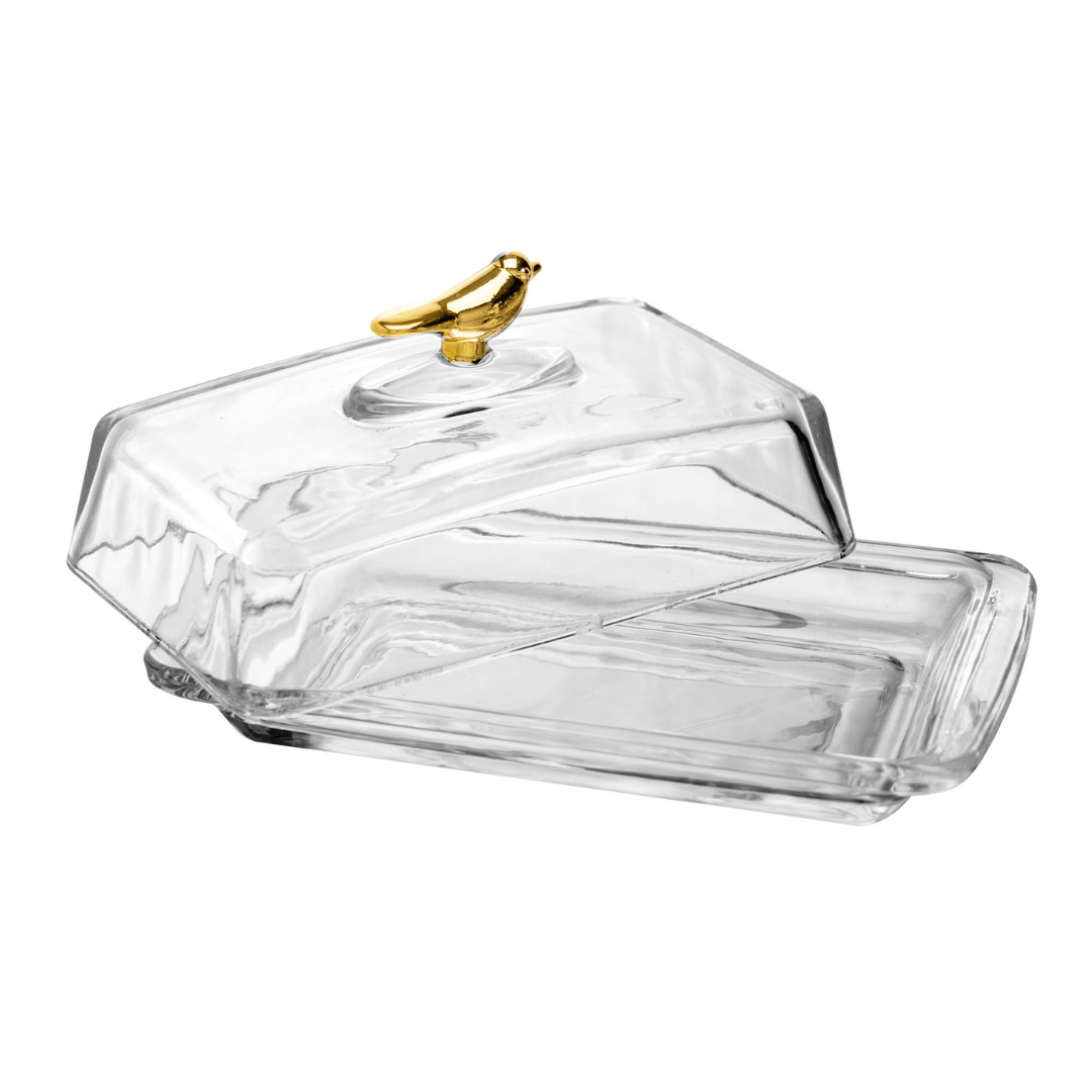 Manteigueira com Tampa de Cristal Ecológico Golden Bird 18cm - Ela Decora