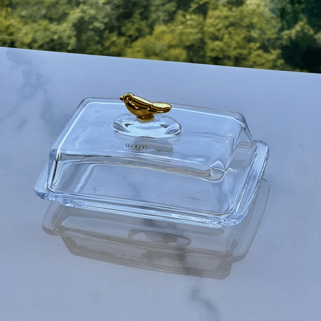 Manteigueira com Tampa de Cristal Ecológico Golden Bird 18cm - Ela Decora