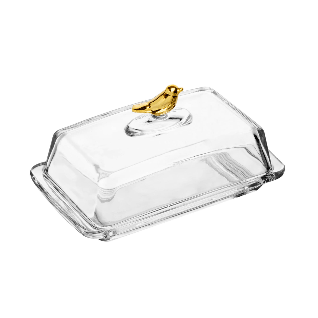 Manteigueira com Tampa de Cristal Ecológico Golden Bird 18cm - Ela Decora