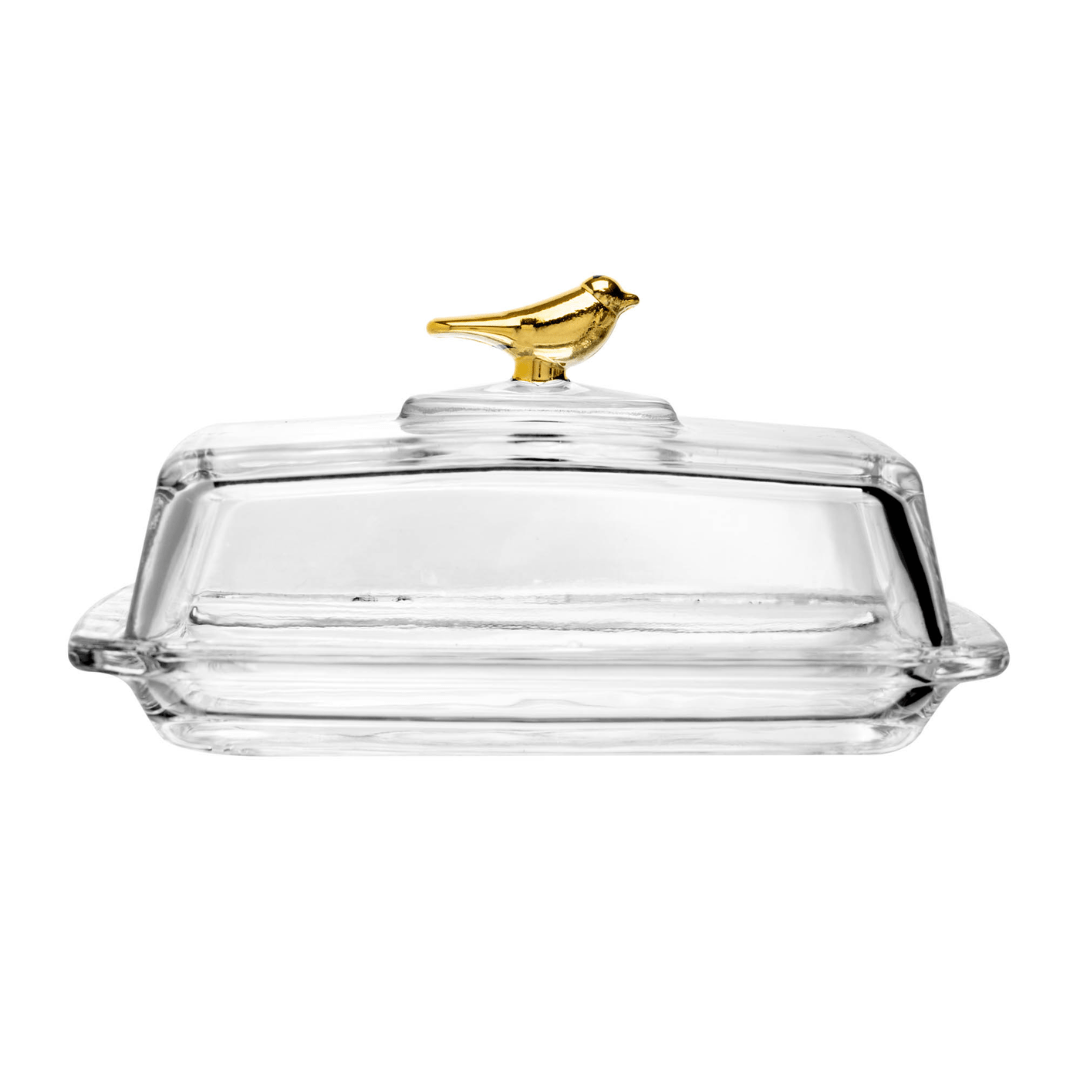 Manteigueira com Tampa de Cristal Ecológico Golden Bird 18cm - Ela Decora
