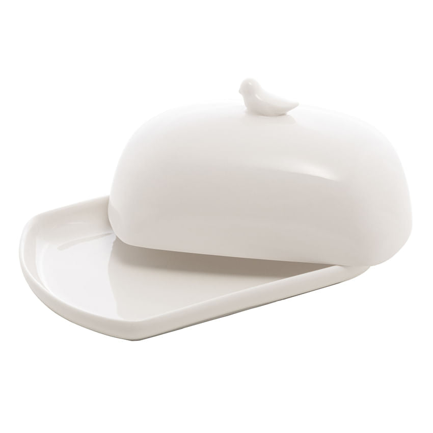 Manteigueira de Porcelana Birds Branco - 16 cm - Ela Decora