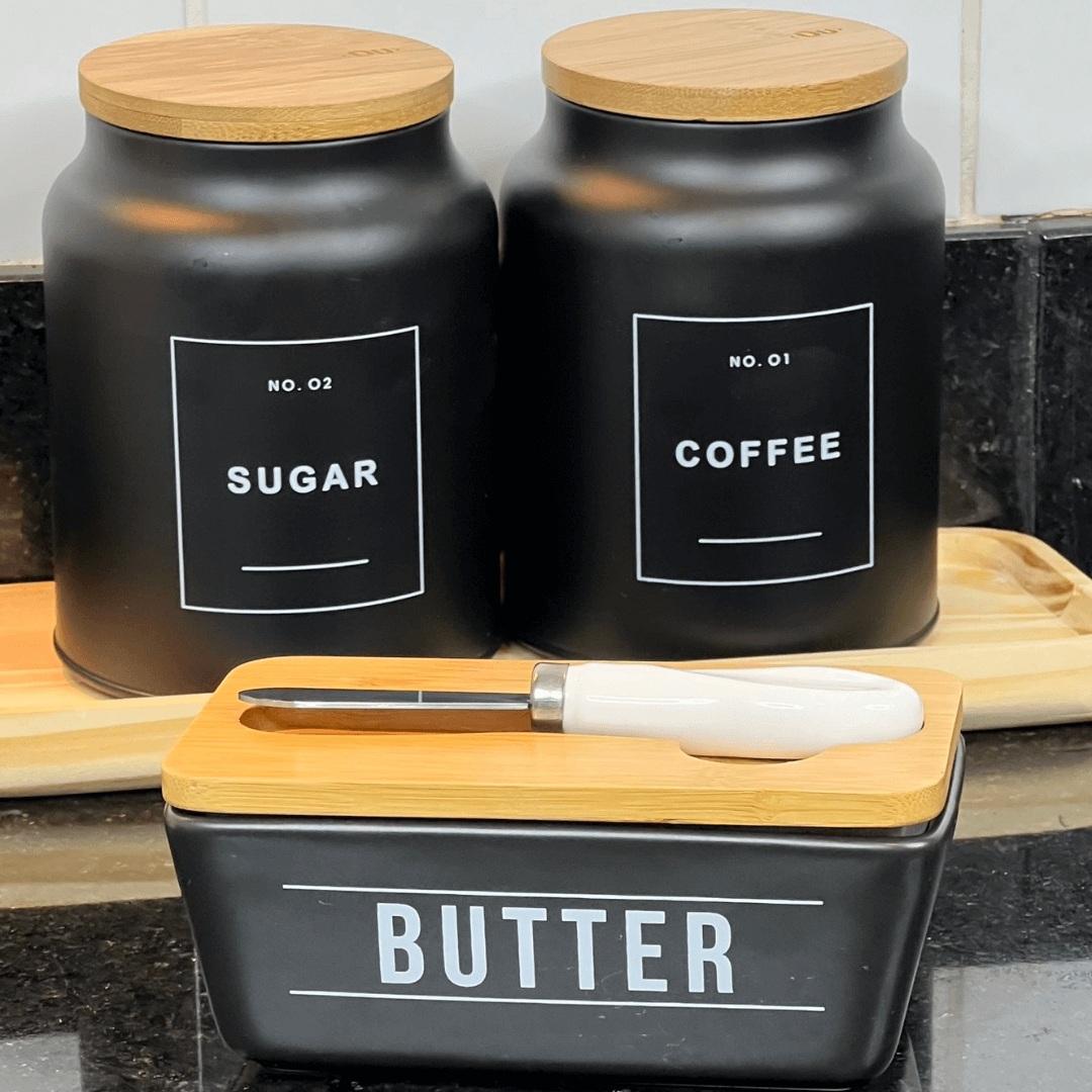 Manteigueira de Porcelana com Faca Manhattan Preta 400ml - Ela Decora