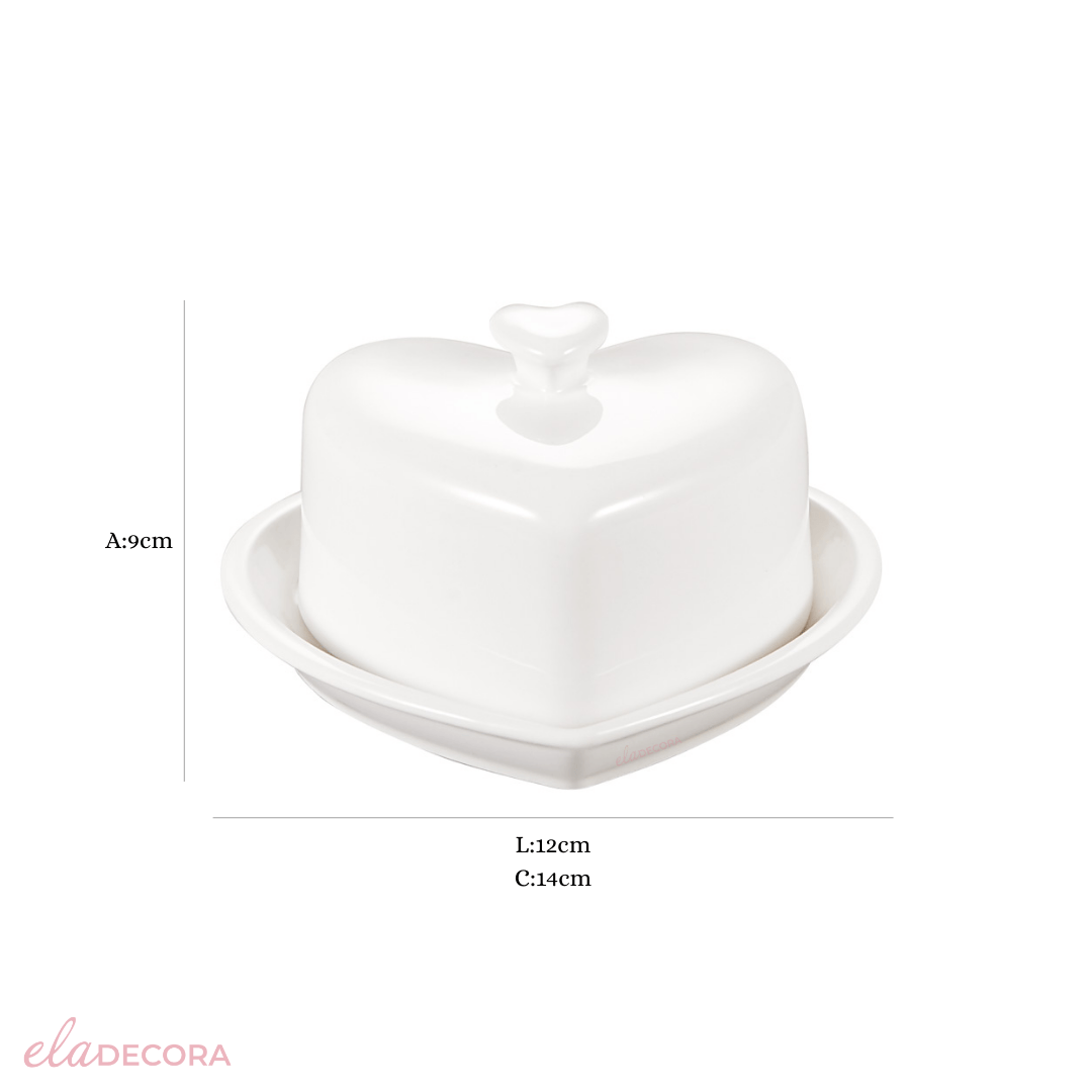 Manteigueira de Porcelana Heart Coração Branca 14cm - Ela Decora