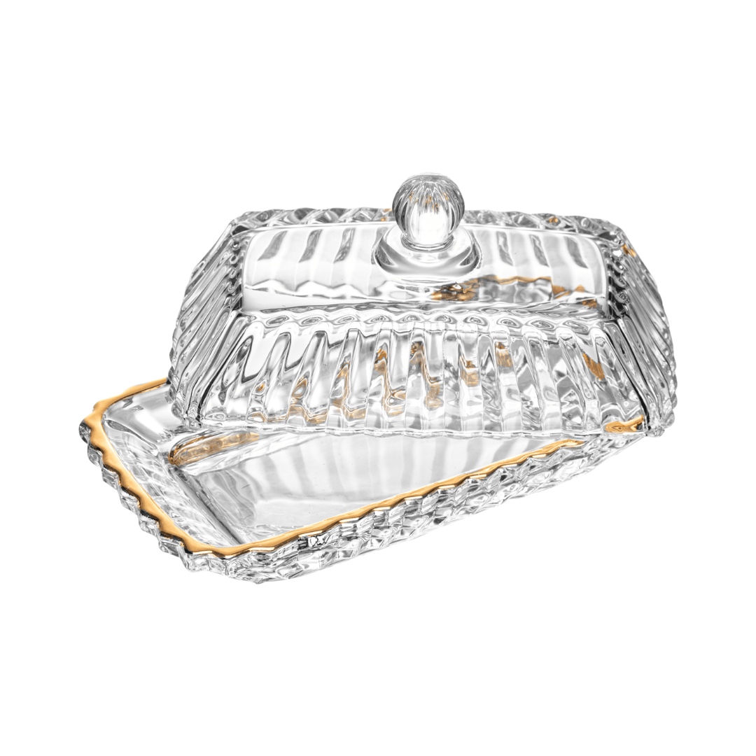Manteigueira Retangular Imperatriz Tampa em Cristal Fio de Ouro 15,5cm - Ela Decora