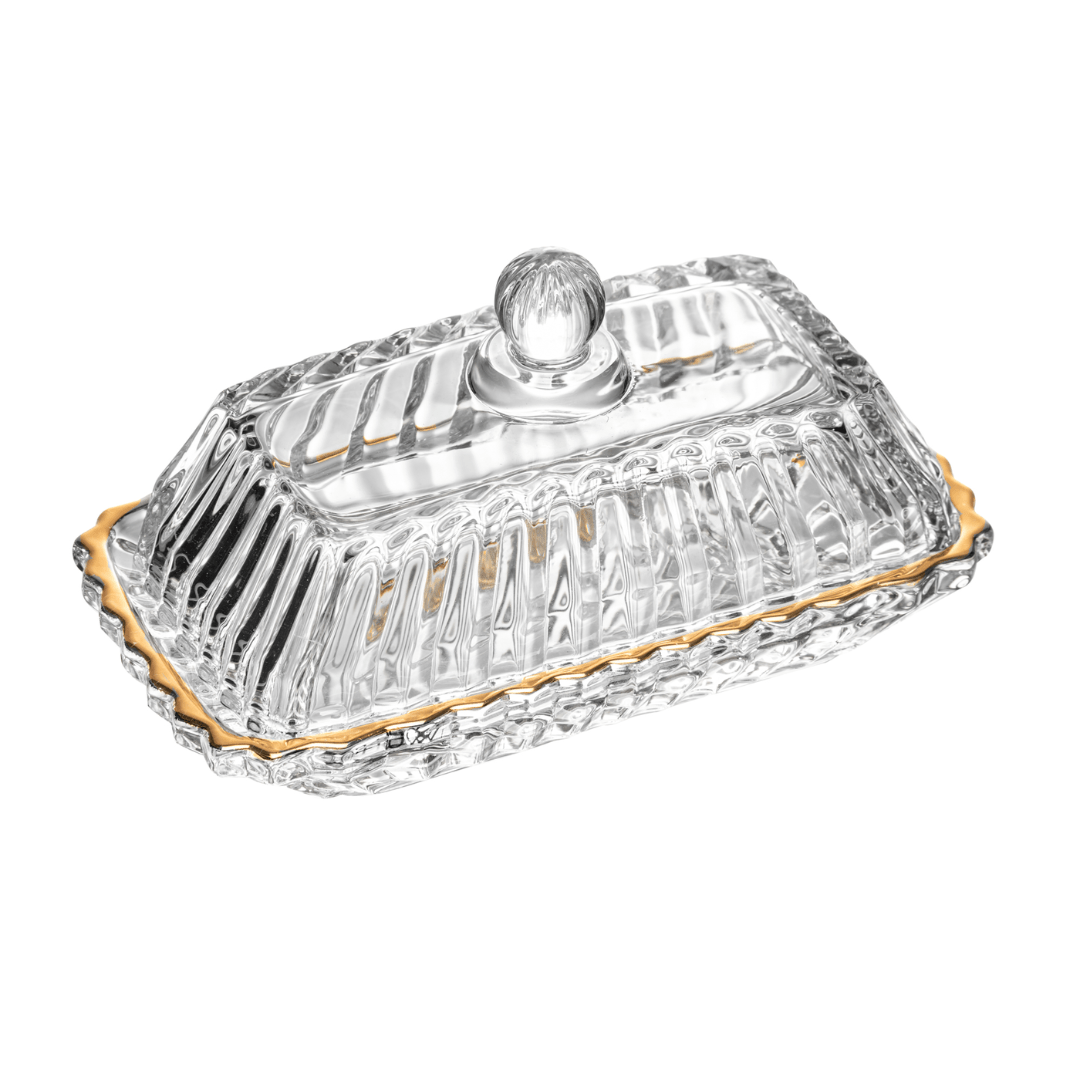 Manteigueira Retangular Imperatriz Tampa em Cristal Fio de Ouro 15,5cm - Ela Decora