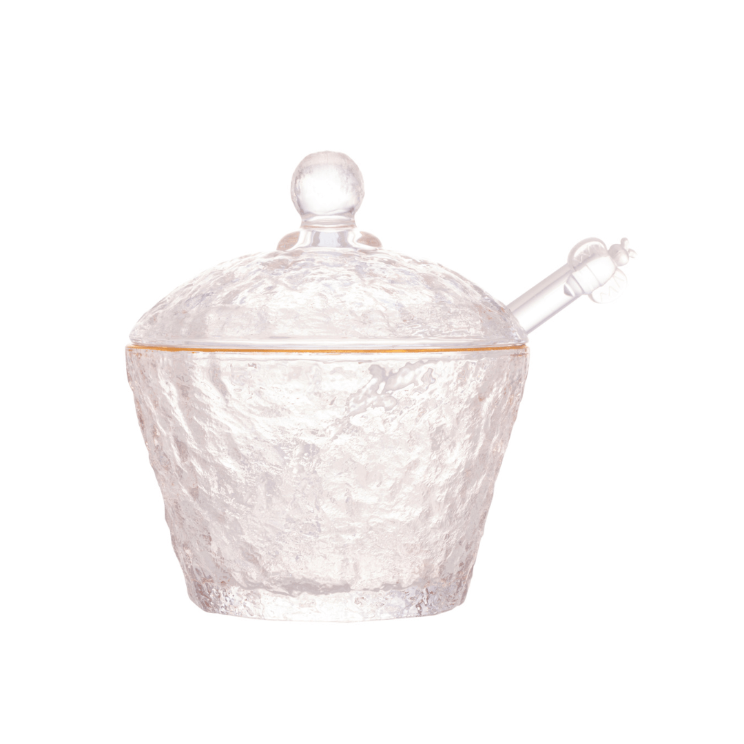 Meleira de Cristal Martelado com Colher e Tampa com Fio de Ouro Petra - Ela Decora