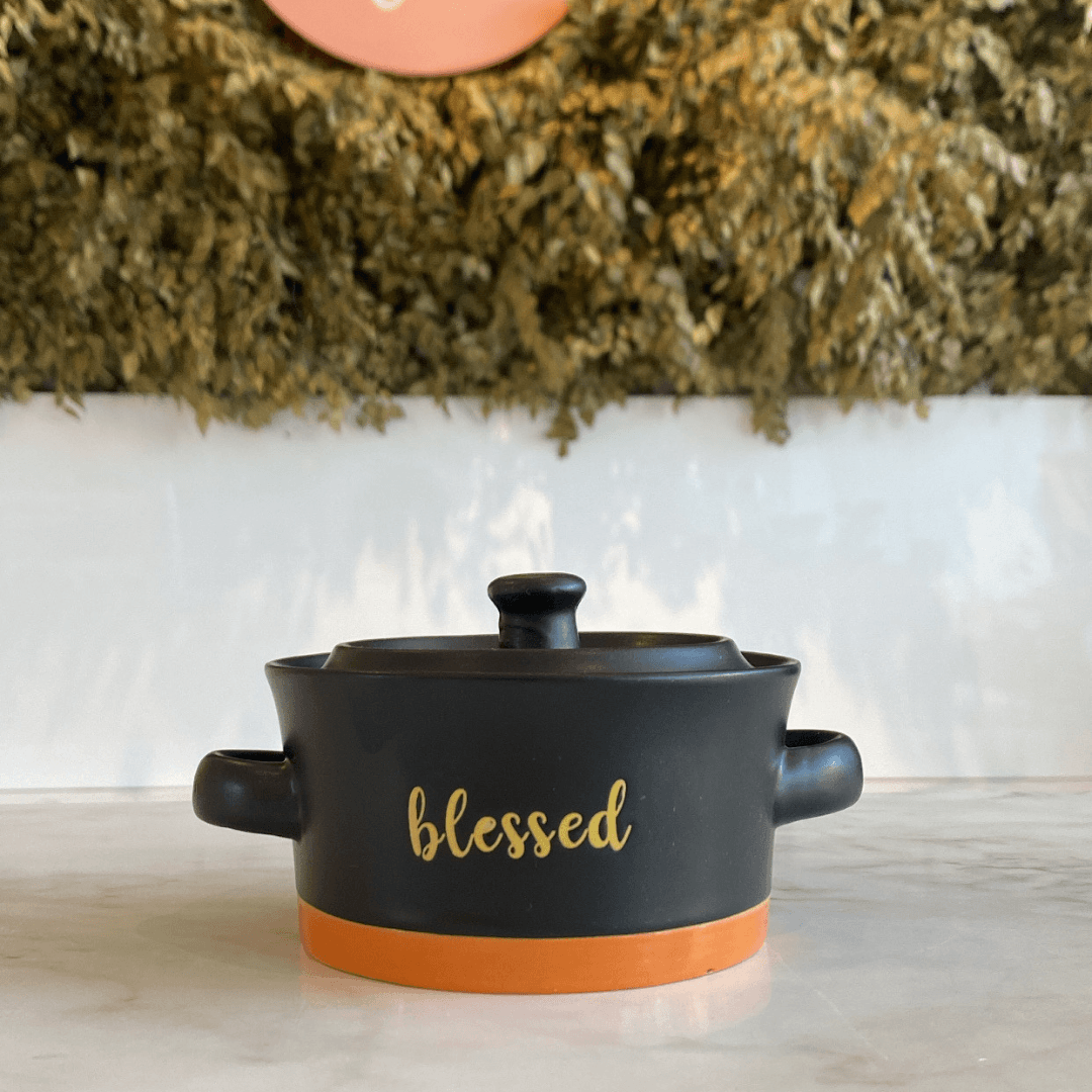 Mini Caçarola em Cerâmica Blessed Preto Matt/Laranja 16cm - Ela Decora