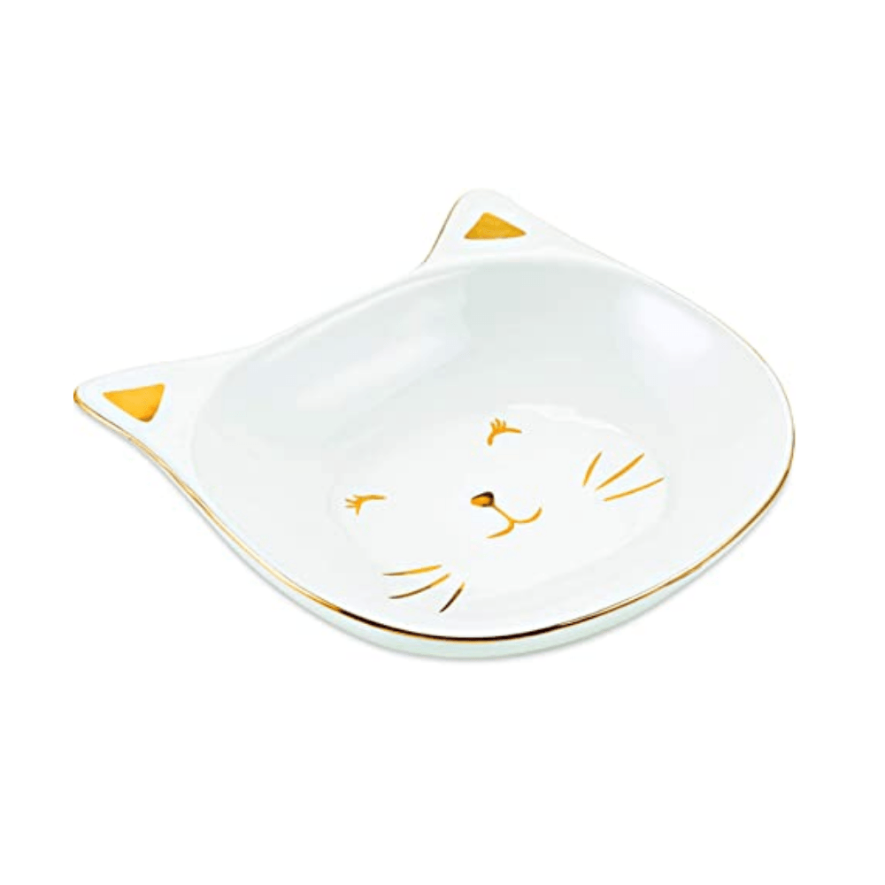 Mini Prato Gato Em Cerâmica Branco Com Dourado - 16 cm - Ela Decora