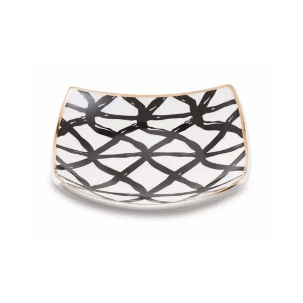 Mini Prato Quadrado Branco com Detalhes em Preto e Dourado - 10 cm - Ela Decora