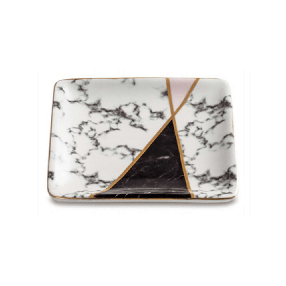 Mini Prato Quadrado Branco Marmorizado com Detalhes em Dourado - 11 cm - Ela Decora