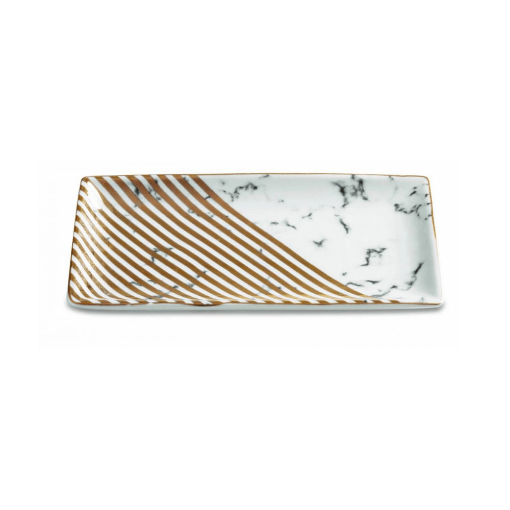 Mini Prato Retangular Marmorizado Listras Dourado - 19 cm - Ela Decora