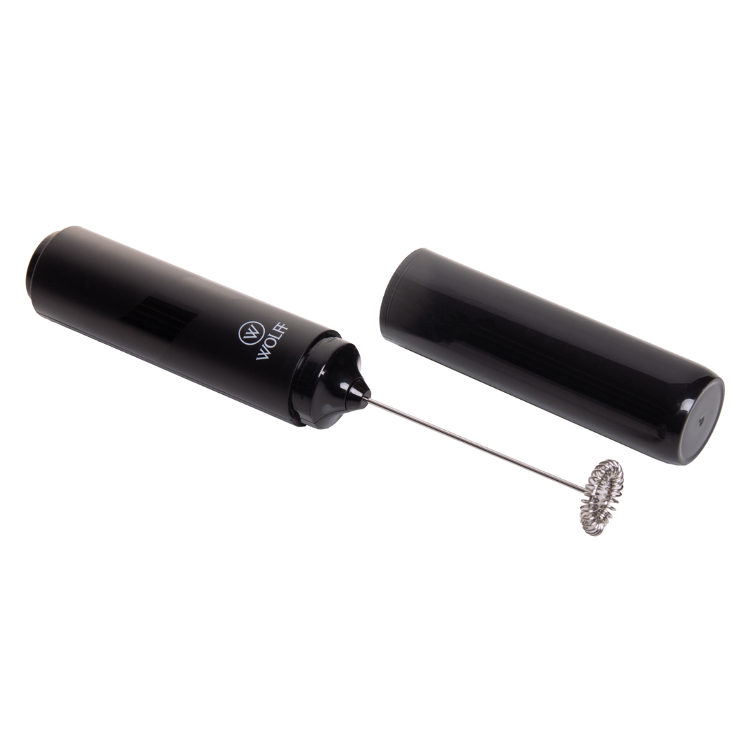 mixer espumador de leite preto na horizontal com batedor inox visivel