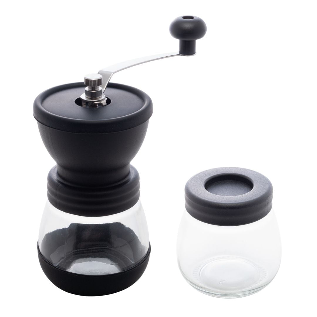 Moedor de Café Manual em Aço Inox com Pote de Vidro Preto 20cm - Ela Decora