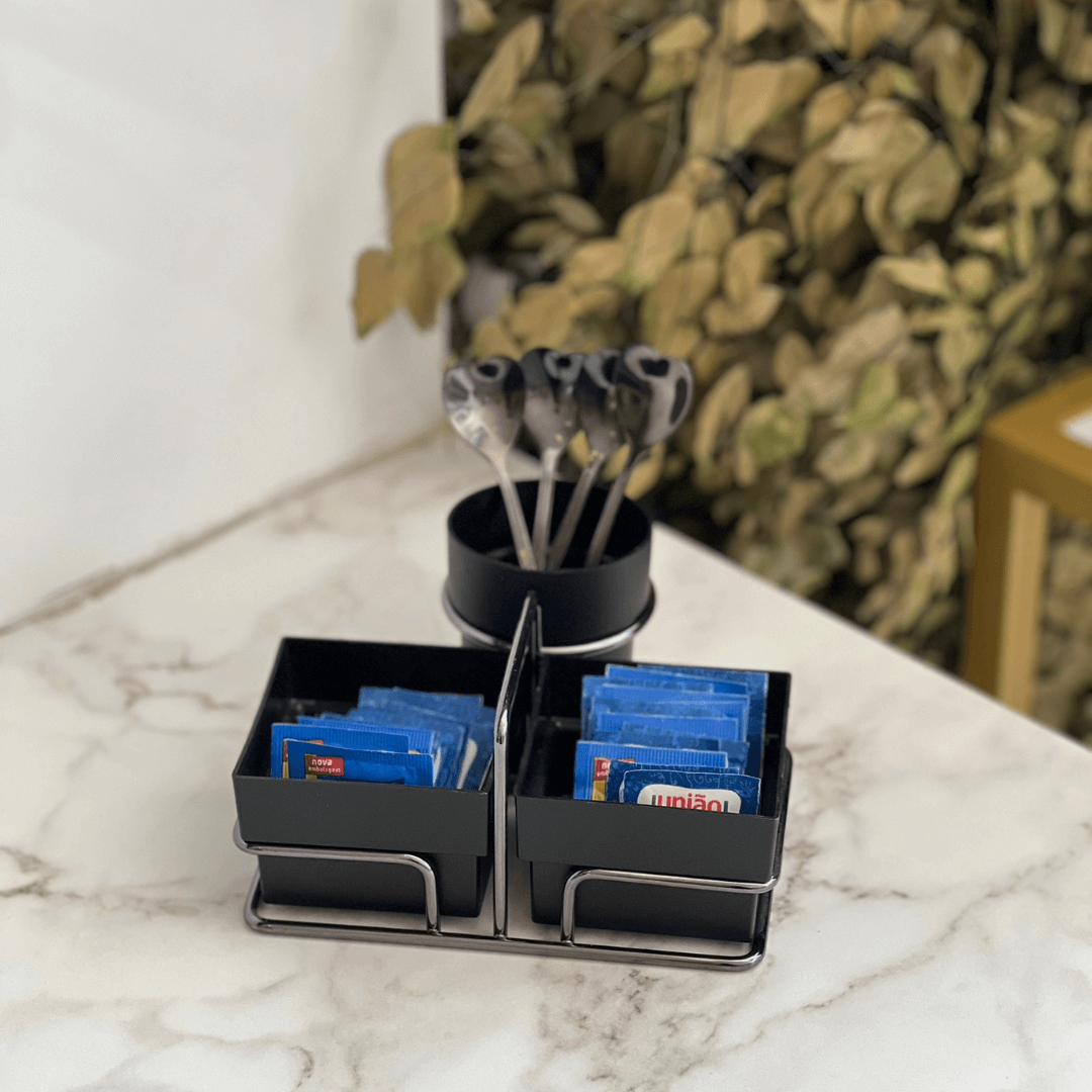 Organizador para Saches de Açúcar/Adoçante e Mexedor Preto - Ela Decora