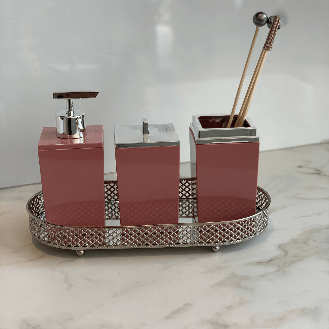 Porta Algodão Cotonete Linha Quadratta Rosa e Cromado - 12,5 cm - Ela Decora