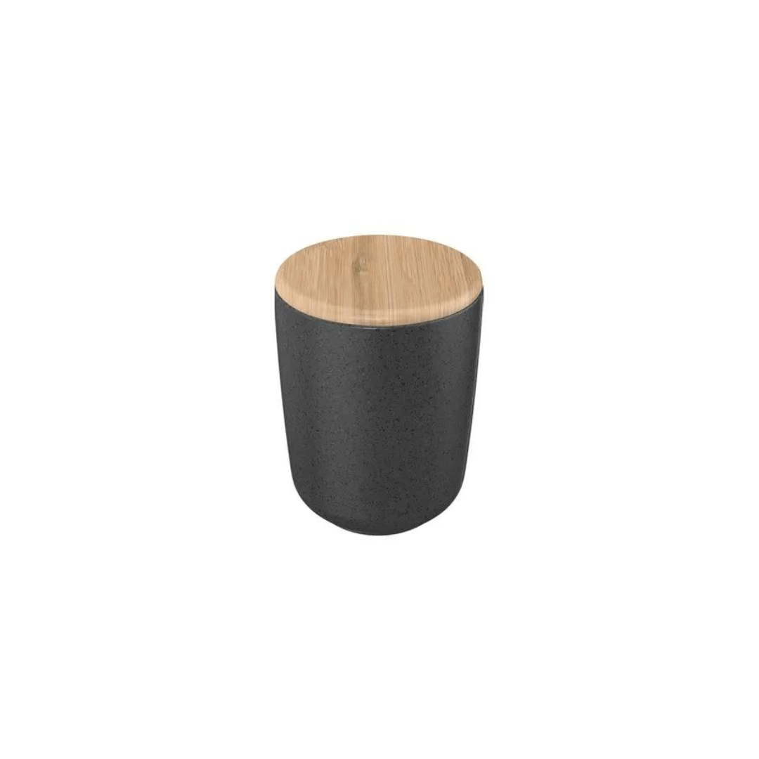 Porta Algodão e Cotonete Cerâmica com Tampa de Bambu Preto Marmorizado - Ela Decora
