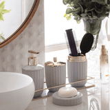 Porta Algodão e Cotonete Redondo Linha Canelatta Creme e Dourado - Ela Decora