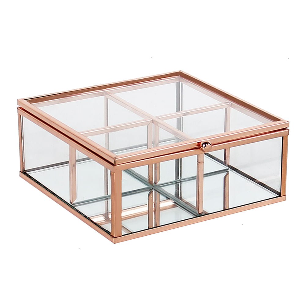 Porta Objetos de Vidro e Metal Rose Gold 13,5 cm - Ela Decora
