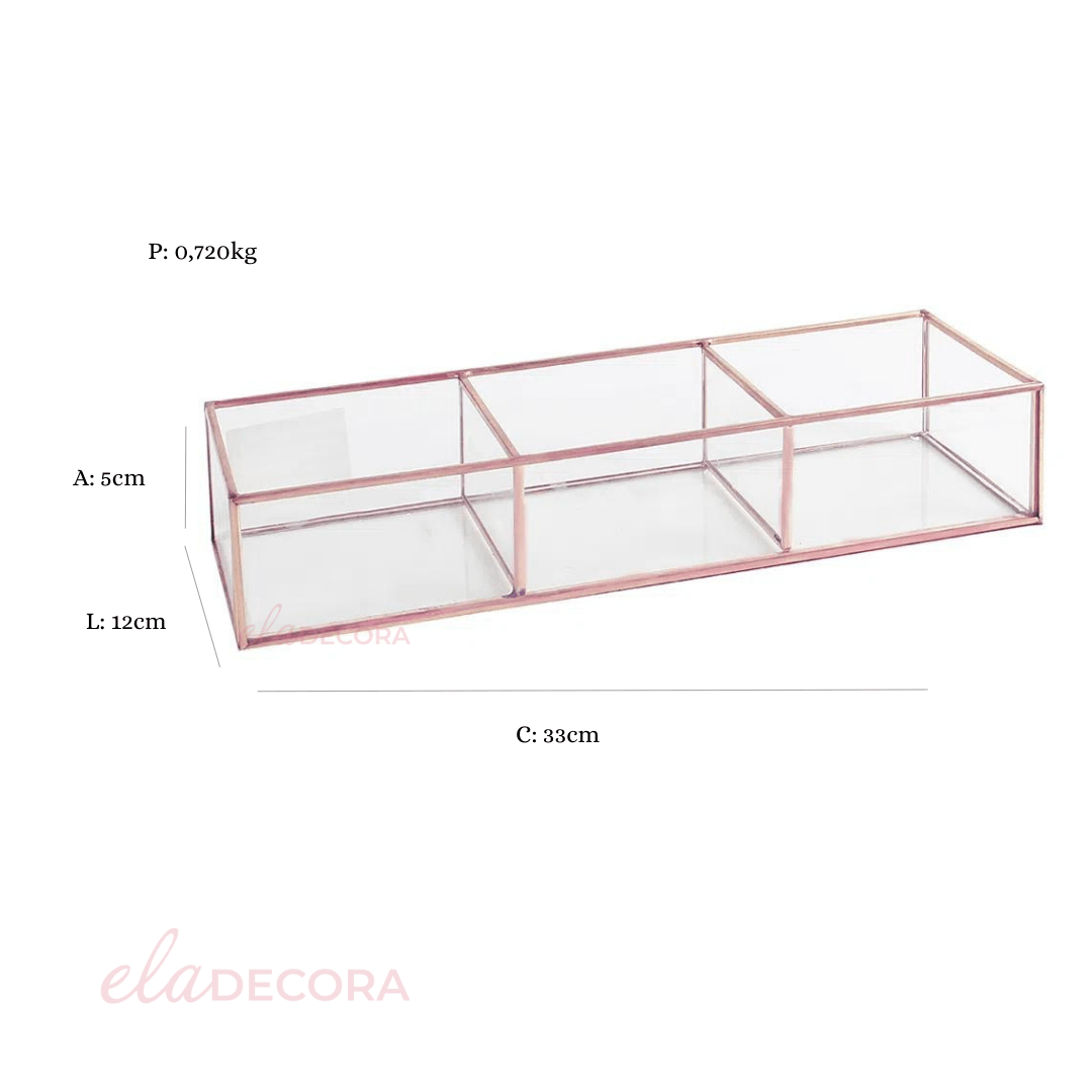 Porta Objetos de Vidro e Metal Rose Gold 33 cm - Ela Decora