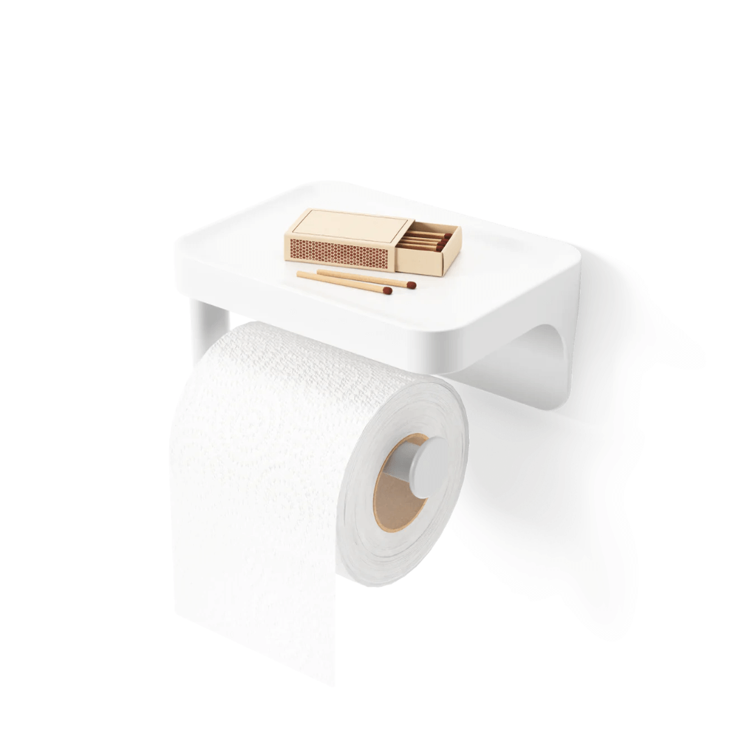 Porta Papel Higiênico com Porta Objeto Fixação Adesivo Branco Linha Flex - Ela Decora