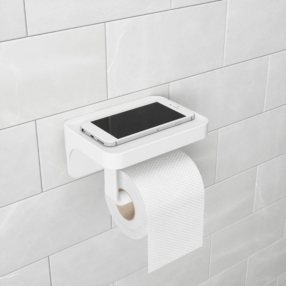 Porta Papel Higiênico com Porta Objeto Fixação Adesivo Branco Linha Flex - Ela Decora