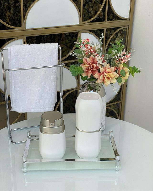 Porta Sabonete Líquido Álcool Gel e Dispenser Detergente Branco Com Cromado - 450ml - Ela Decora