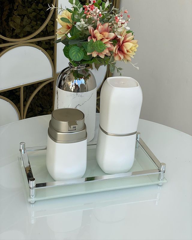 Porta Sabonete Líquido Álcool Gel e Dispenser Detergente Branco Com Cromado - 450ml - Ela Decora