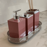 Porta Sabonete Líquido Linha Quadratta Rosa e Cromado - 300 ml - Ela Decora