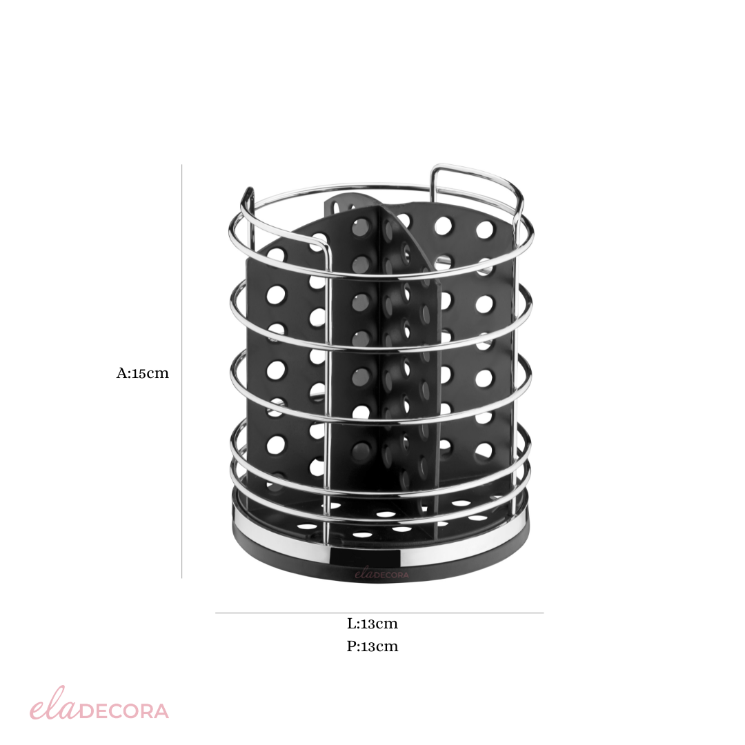 Porta Talheres Utensílios Preto e Cromado 15cm - Ela Decora