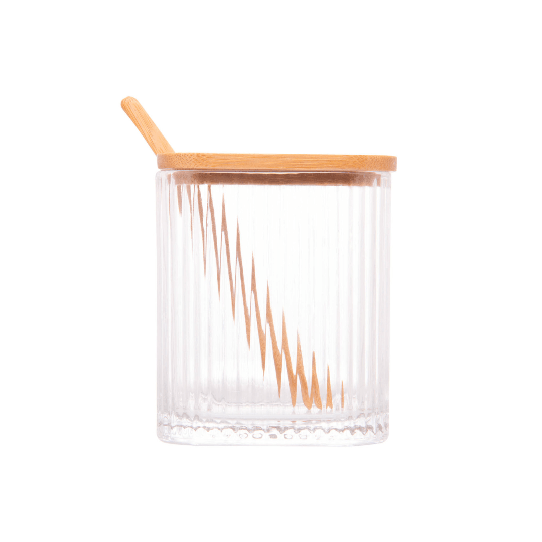 Porta Tempero de Vidro com Colher e Tampa de Bambu - Ela Decora