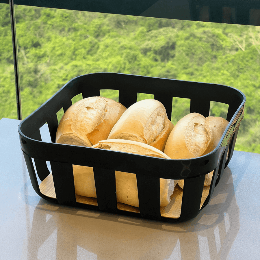 Cesto de Pão Lume Plástico e Bambu Preto 24cm