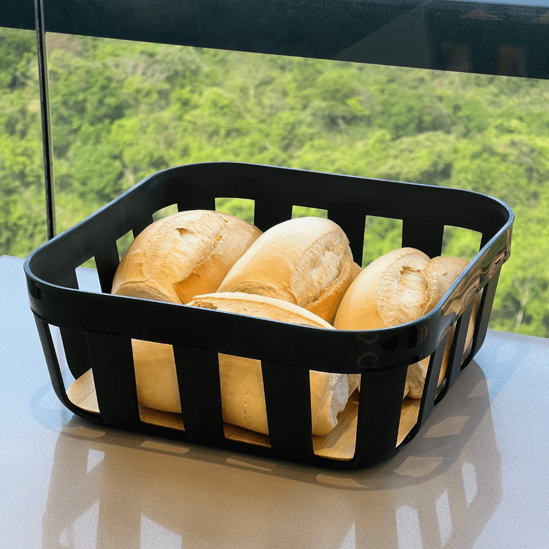 Cesto de Pão Lume Plástico e Bambu Preto 24cm