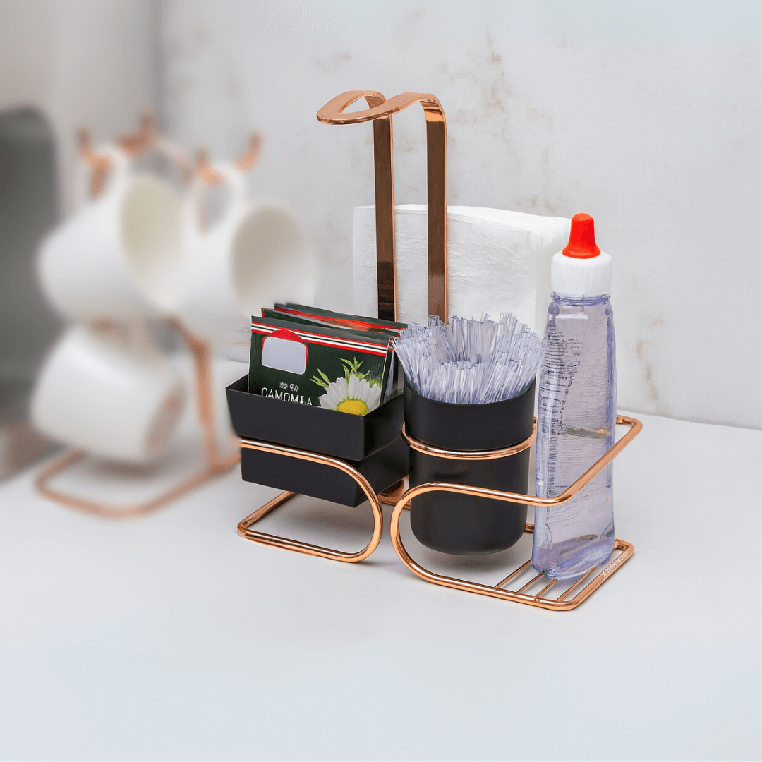 Conjunto para Chá Café Adoçante e Guardanapo Preto e Rose Gold