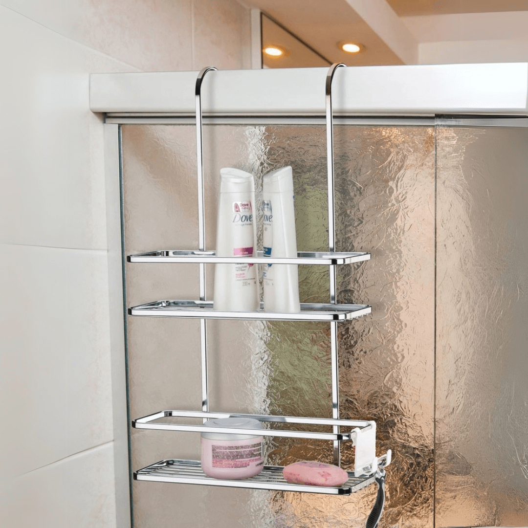 Suporte para Shampoo e Sabonete de Box com Gancho Móvel Cromado